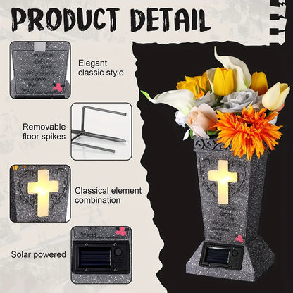 🔥Solar Cemetery Grave Vase with LED – Headstone Flower Vase with Ground Spike for Fresh/Artificial Flowers✨