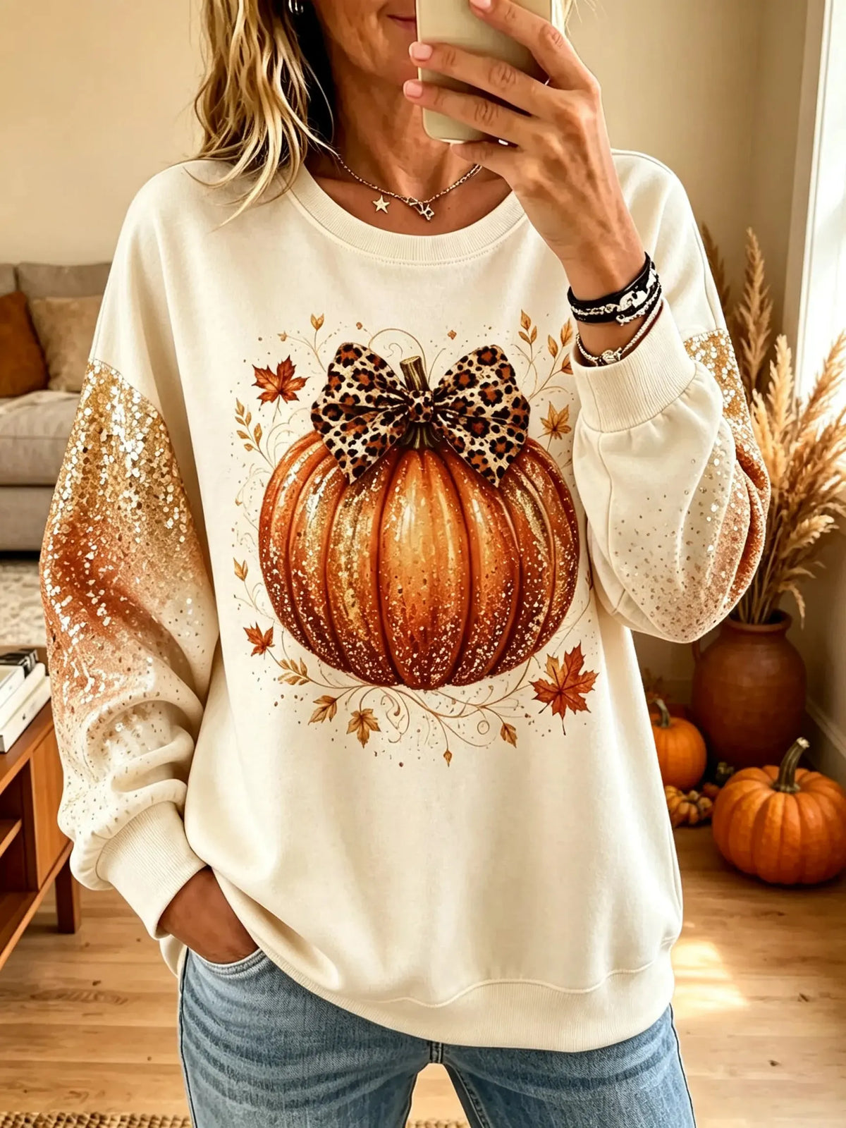 Women's Leopard Bow Pumpkin Glitter Sleeve Sweatshirt