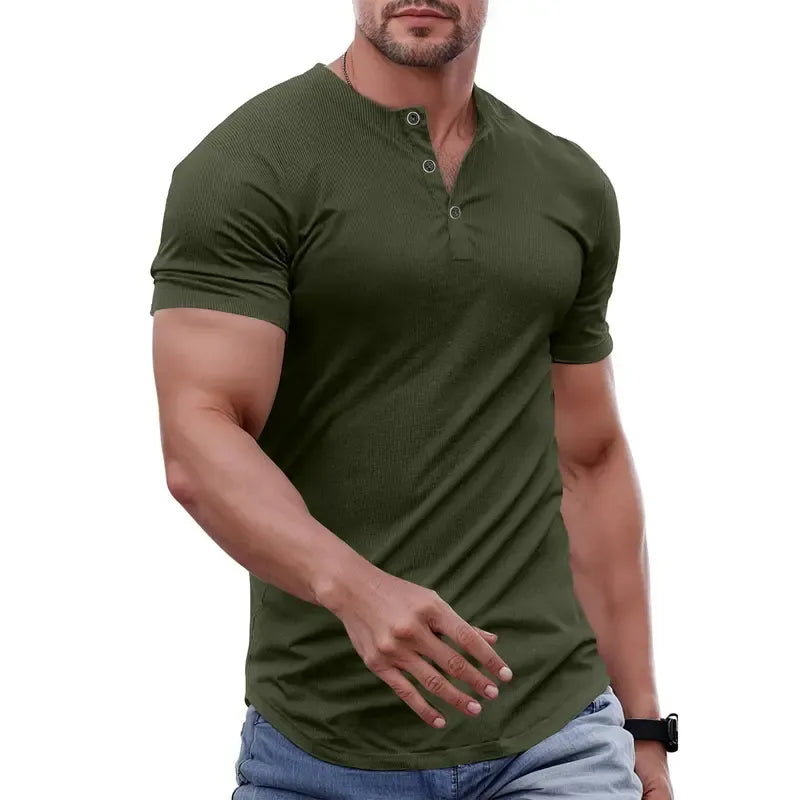 Men's Ribbed Henley T-Shirt – Slim Muscle Fit, Soft Stretch Short Sleeve Tee for Gym, Casual & Everyday Wear