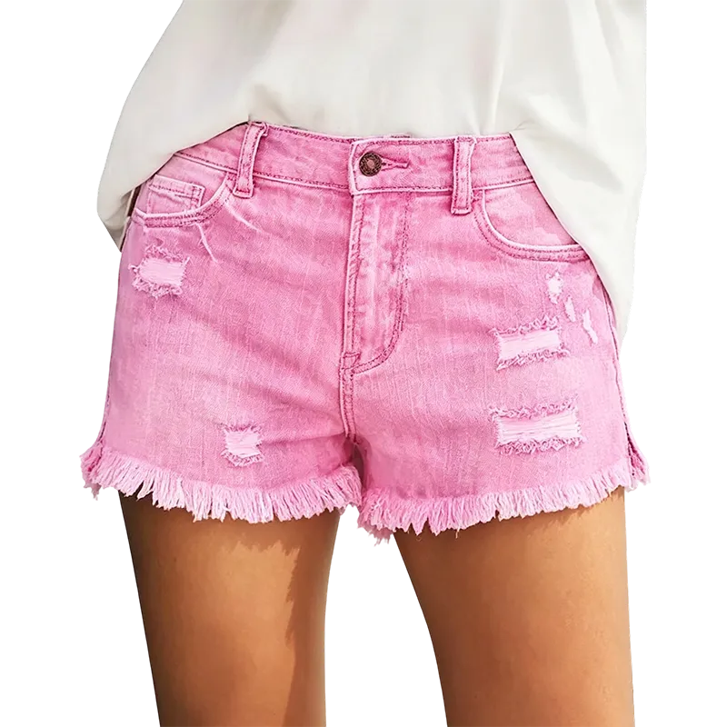 Women's Effortless Ripped Jean Shorts – Stretchy Mid Rise Denim with Raw Hem for Everyday Chic
