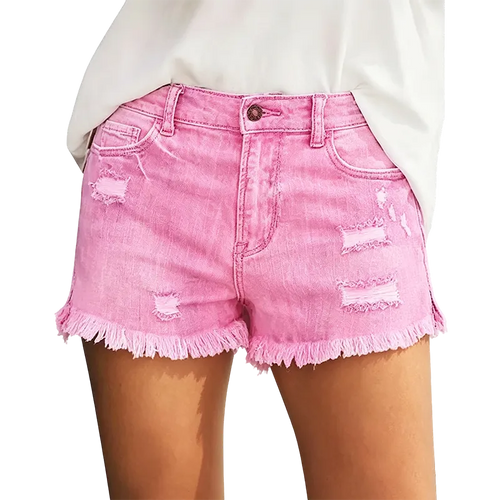Women's Effortless Ripped Jean Shorts – Stretchy Mid Rise Denim with Raw Hem for Everyday Chic