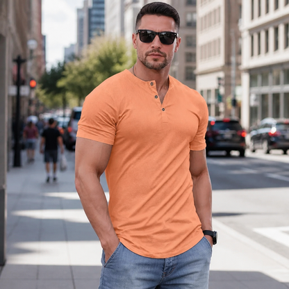 Men's Ribbed Henley T-Shirt – Slim Muscle Fit, Soft Stretch Short Sleeve Tee for Gym, Casual & Everyday Wear
