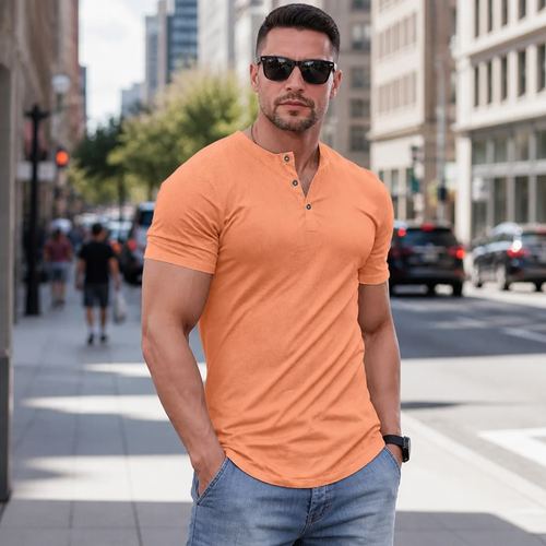 Men's Ribbed Henley T-Shirt – Slim Muscle Fit, Soft Stretch Short Sleeve Tee for Gym, Casual & Everyday Wear