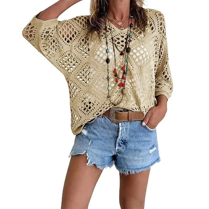 Women's Sexy Hollow Out Crochet Top – Boho Batwing Sleeve V-Neck, Lightweight Beach Vacation Blouse