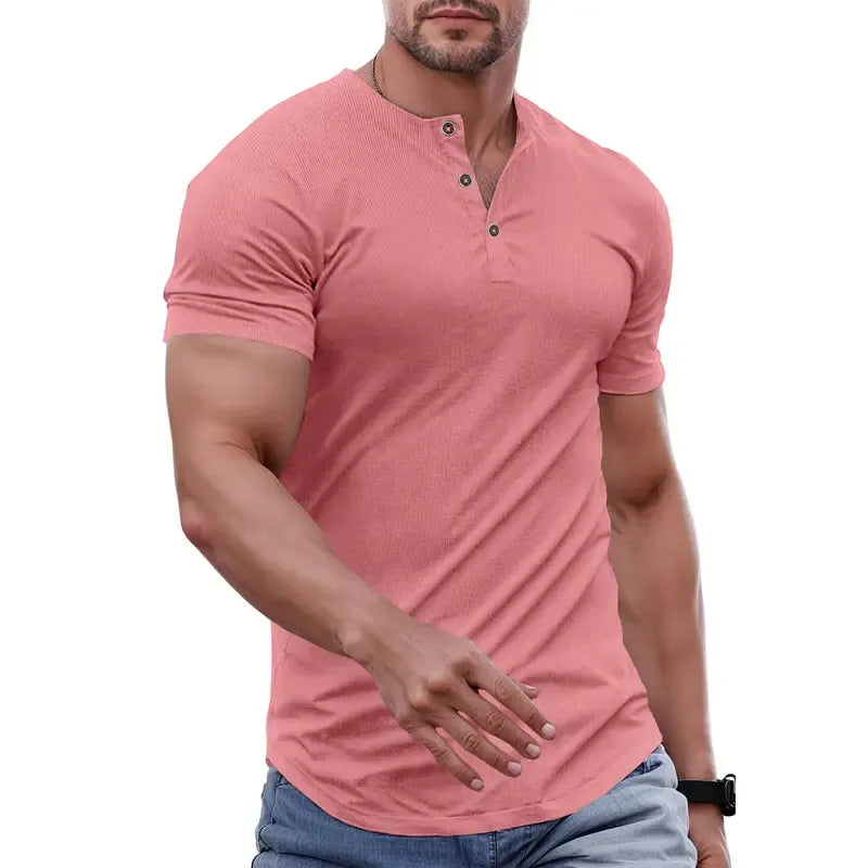 Men's Ribbed Henley T-Shirt – Slim Muscle Fit, Soft Stretch Short Sleeve Tee for Gym, Casual & Everyday Wear