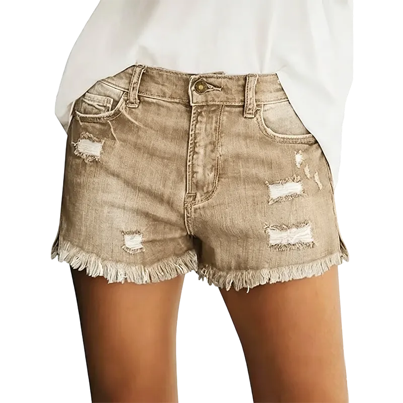 Women's Effortless Ripped Jean Shorts – Stretchy Mid Rise Denim with Raw Hem for Everyday Chic