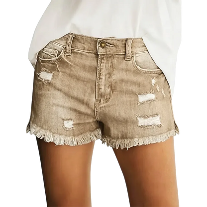 Women's Effortless Ripped Jean Shorts – Stretchy Mid Rise Denim with Raw Hem for Everyday Chic