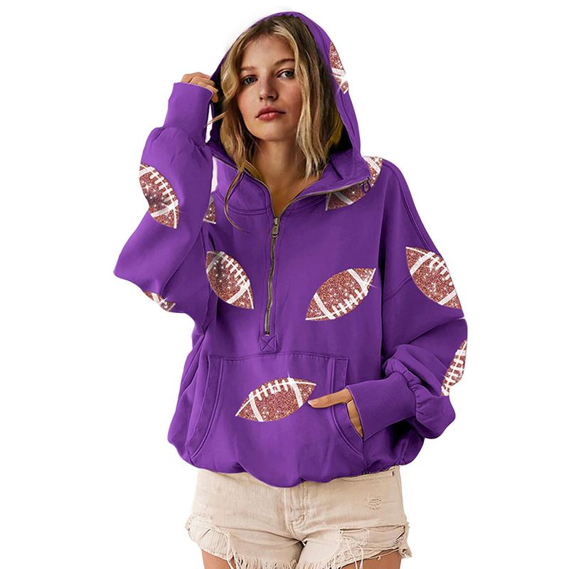 Game Day Sweatshirts Football Sequin Hoodies Tailgate Outfits Long Sleeve Zipper Sweaters with Pocket