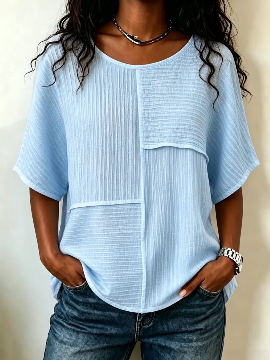 Women's Patchwork Textured Top | Round Neck Short Sleeve Casual Blouse for Summer & Everyday Wear