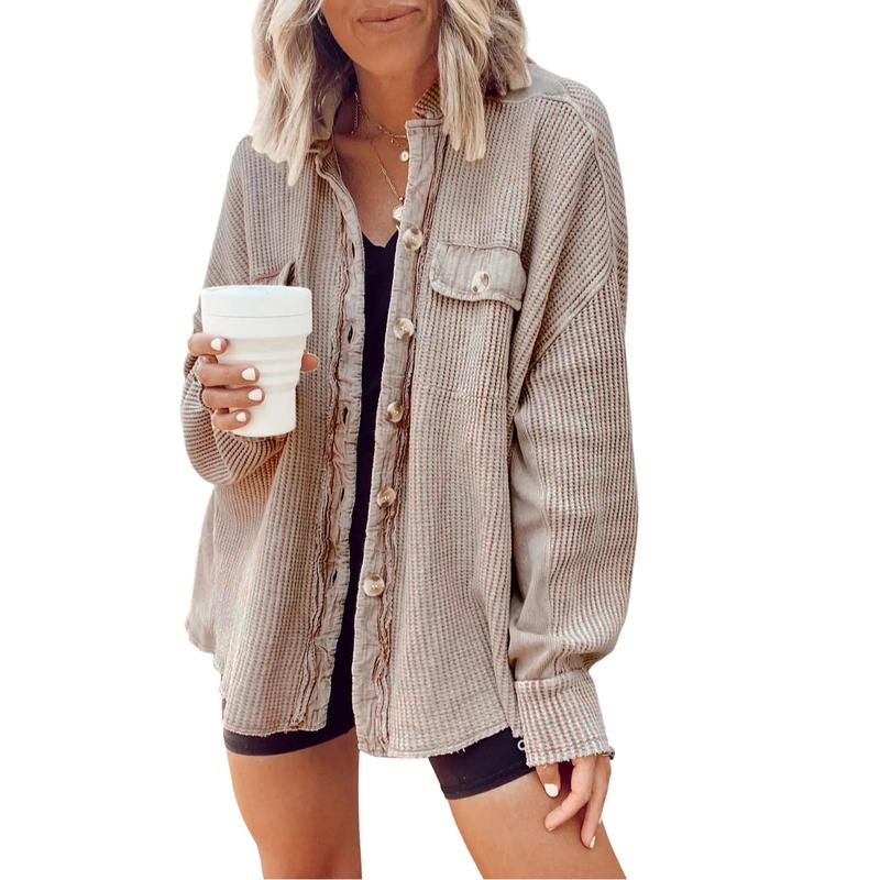 Women's Loose Fit Batwing Sleeve Waffle Knit Jacke