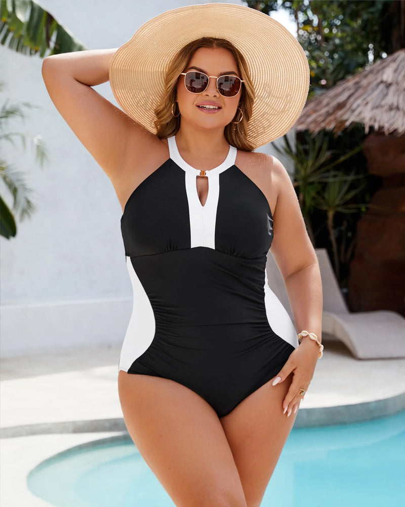Full Coverage Retro Color Block Swimwear